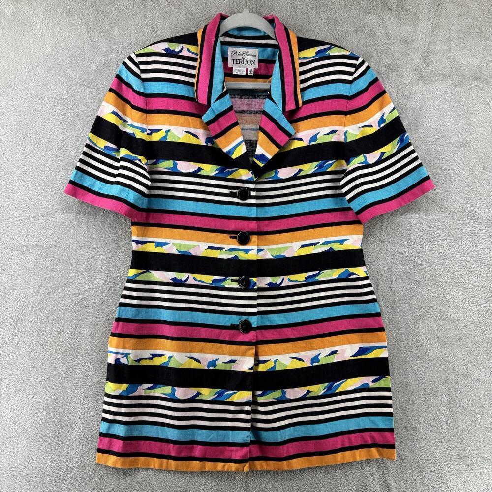 Richie Freeman For Teri Jon Blazer Women 12 Multicolor Linen Striped Rainbow Art